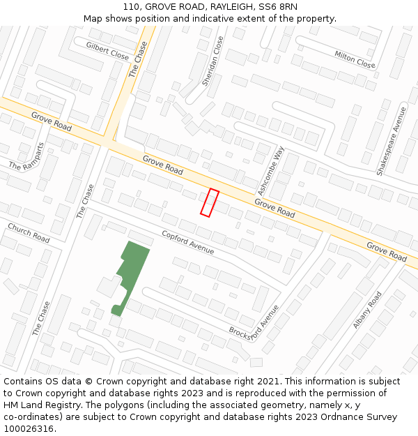 110, GROVE ROAD, RAYLEIGH, SS6 8RN: Location map and indicative extent of plot