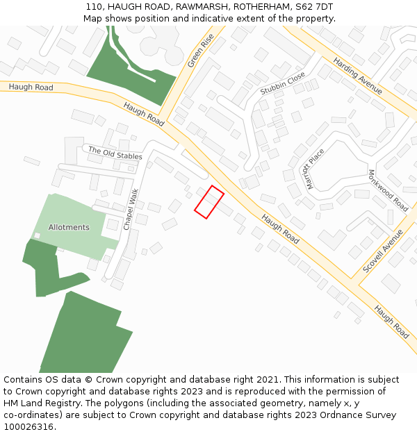 110, HAUGH ROAD, RAWMARSH, ROTHERHAM, S62 7DT: Location map and indicative extent of plot