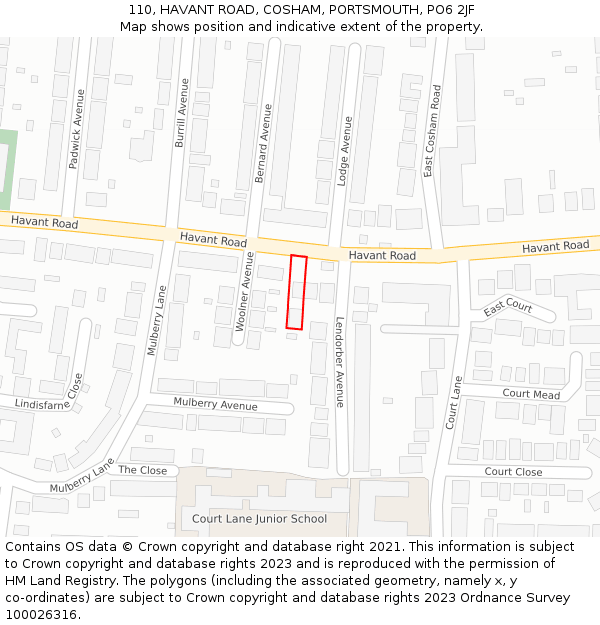 110, HAVANT ROAD, COSHAM, PORTSMOUTH, PO6 2JF: Location map and indicative extent of plot