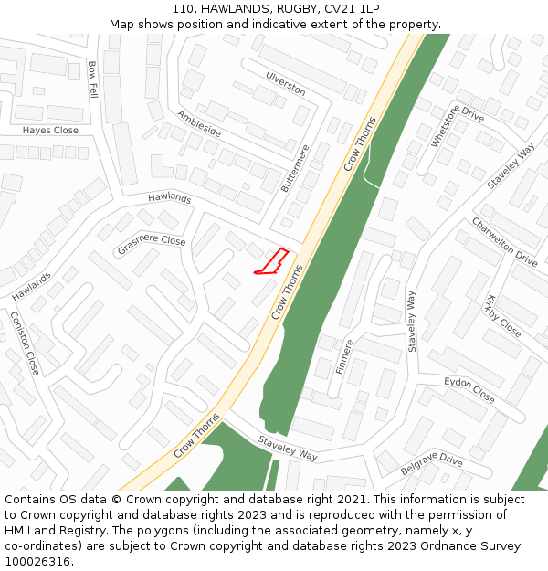 110, HAWLANDS, RUGBY, CV21 1LP: Location map and indicative extent of plot