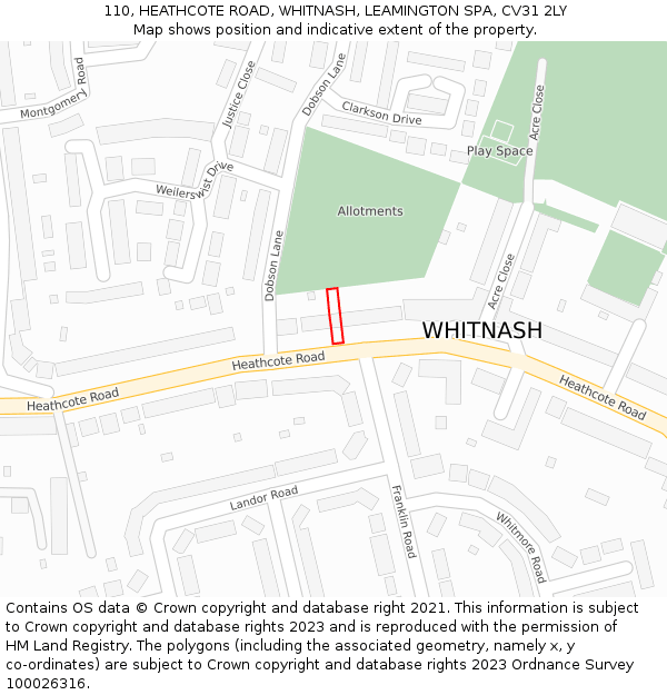 110, HEATHCOTE ROAD, WHITNASH, LEAMINGTON SPA, CV31 2LY: Location map and indicative extent of plot