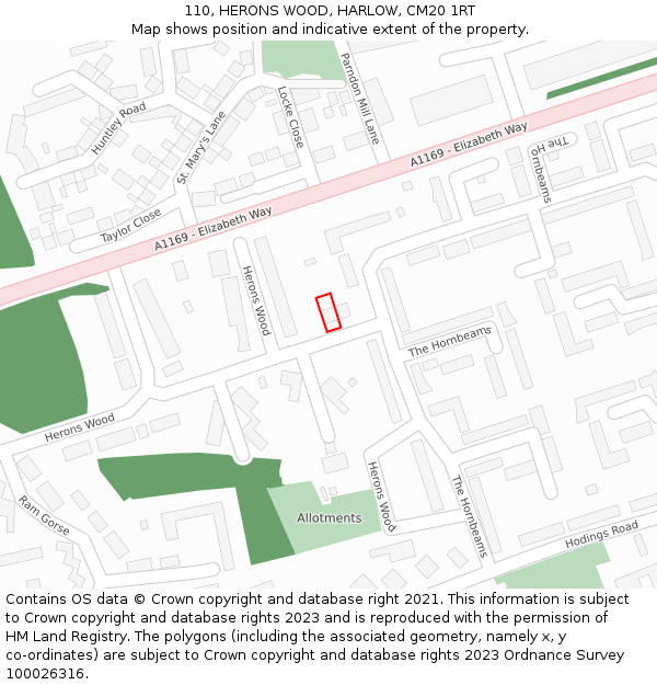 110, HERONS WOOD, HARLOW, CM20 1RT: Location map and indicative extent of plot