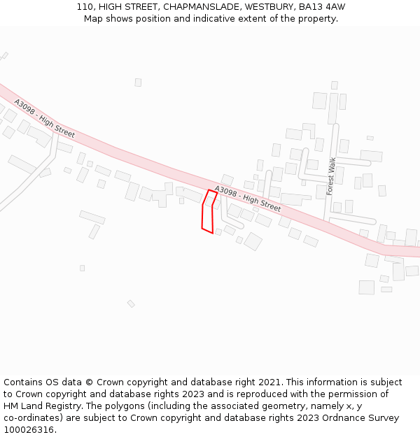 110, HIGH STREET, CHAPMANSLADE, WESTBURY, BA13 4AW: Location map and indicative extent of plot