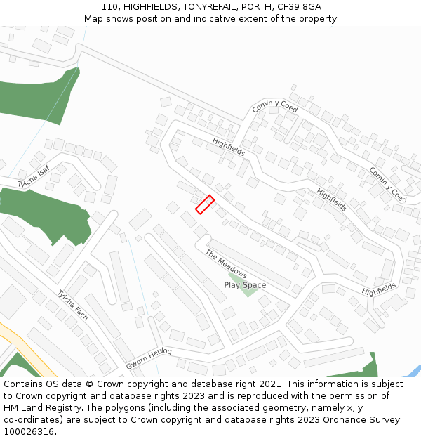110, HIGHFIELDS, TONYREFAIL, PORTH, CF39 8GA: Location map and indicative extent of plot