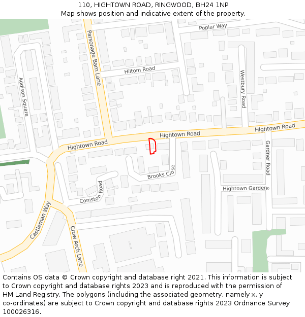 110, HIGHTOWN ROAD, RINGWOOD, BH24 1NP: Location map and indicative extent of plot