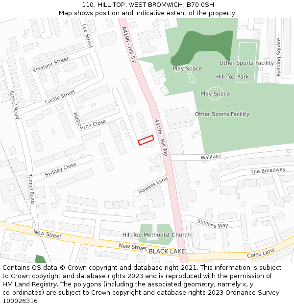 110, HILL TOP, WEST BROMWICH, B70 0SH: Location map and indicative extent of plot