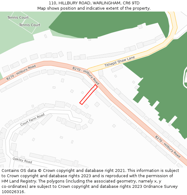 110, HILLBURY ROAD, WARLINGHAM, CR6 9TD: Location map and indicative extent of plot