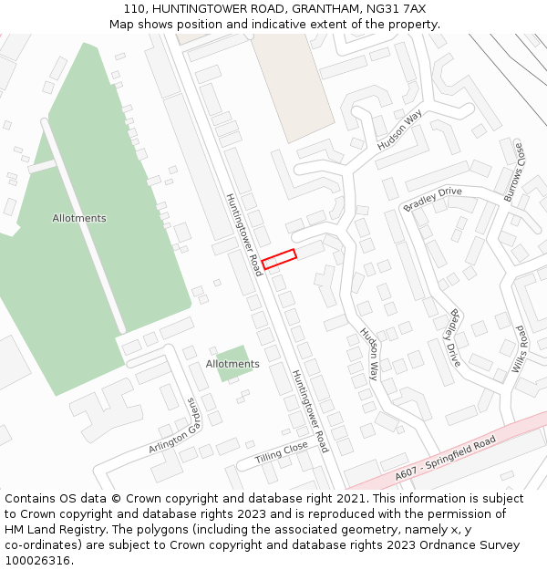 110, HUNTINGTOWER ROAD, GRANTHAM, NG31 7AX: Location map and indicative extent of plot