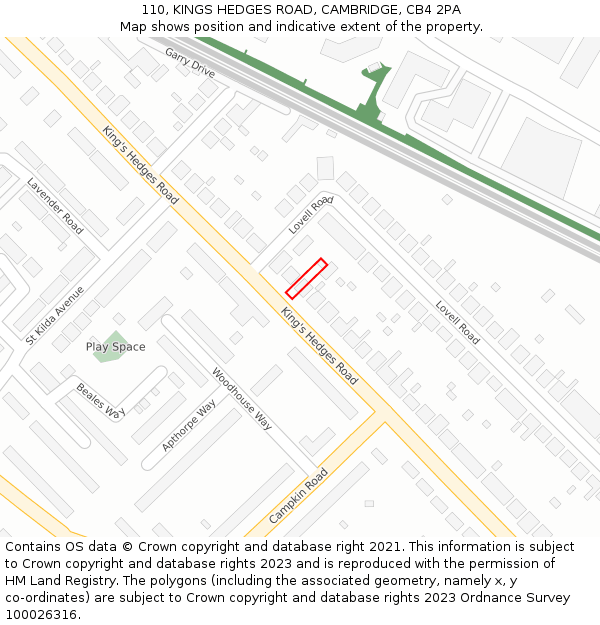 110, KINGS HEDGES ROAD, CAMBRIDGE, CB4 2PA: Location map and indicative extent of plot