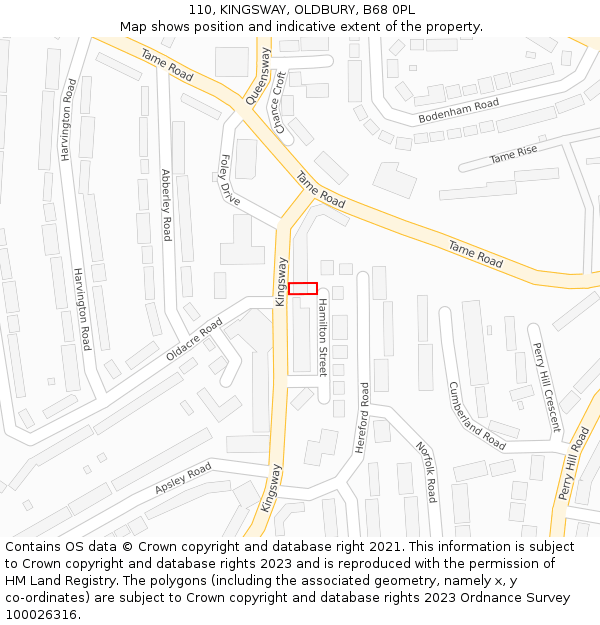 110, KINGSWAY, OLDBURY, B68 0PL: Location map and indicative extent of plot