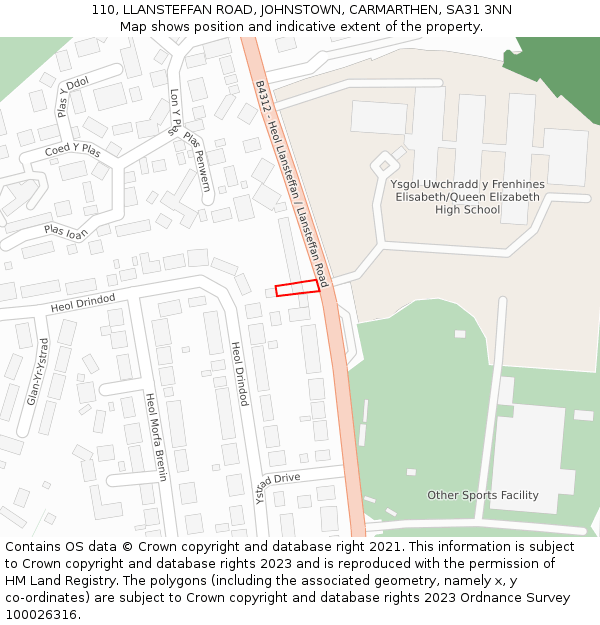 110, LLANSTEFFAN ROAD, JOHNSTOWN, CARMARTHEN, SA31 3NN: Location map and indicative extent of plot