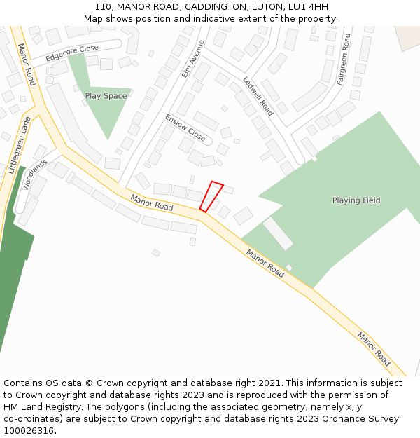 110, MANOR ROAD, CADDINGTON, LUTON, LU1 4HH: Location map and indicative extent of plot