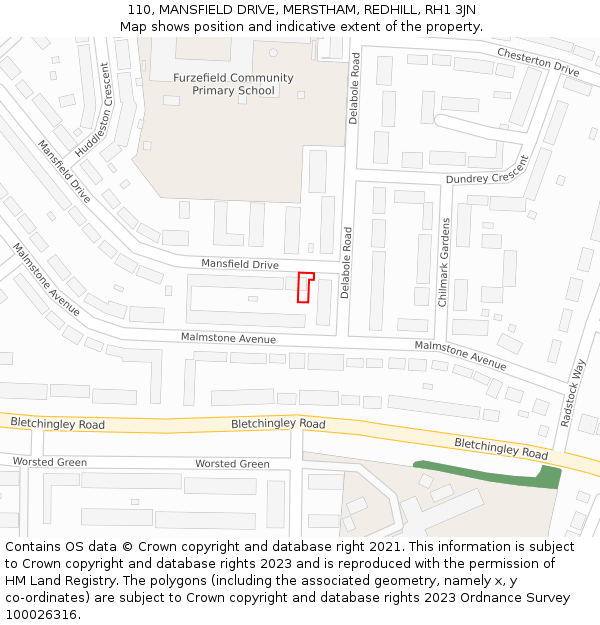 110, MANSFIELD DRIVE, MERSTHAM, REDHILL, RH1 3JN: Location map and indicative extent of plot