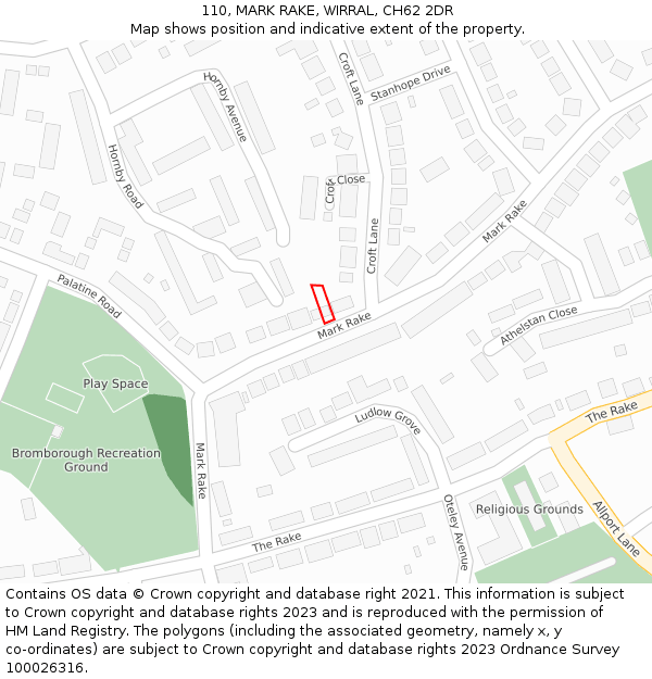 110, MARK RAKE, WIRRAL, CH62 2DR: Location map and indicative extent of plot