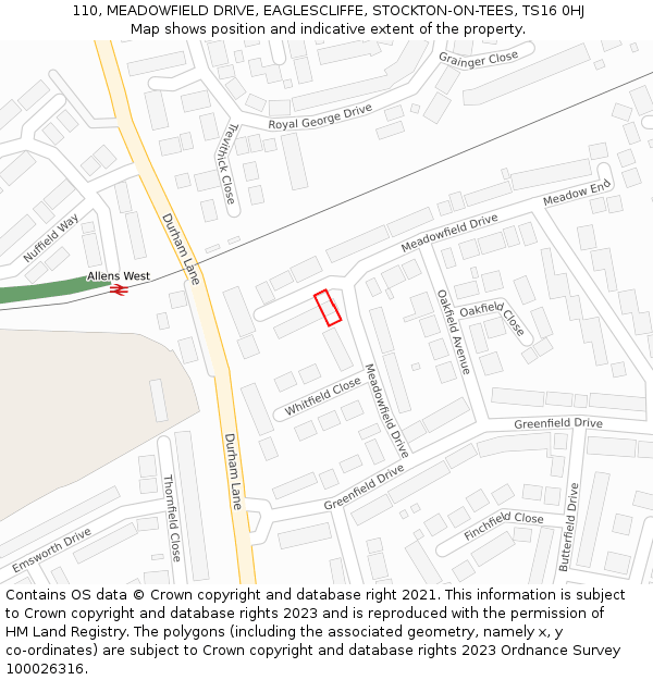 110, MEADOWFIELD DRIVE, EAGLESCLIFFE, STOCKTON-ON-TEES, TS16 0HJ: Location map and indicative extent of plot