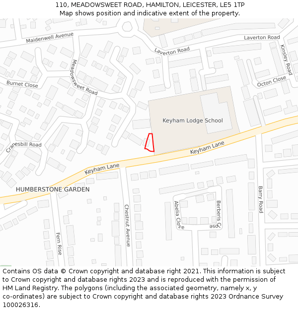 110, MEADOWSWEET ROAD, HAMILTON, LEICESTER, LE5 1TP: Location map and indicative extent of plot