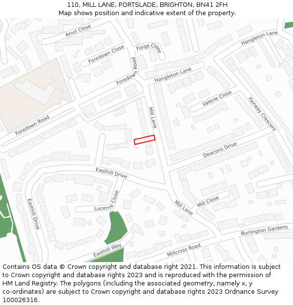 110, MILL LANE, PORTSLADE, BRIGHTON, BN41 2FH: Location map and indicative extent of plot