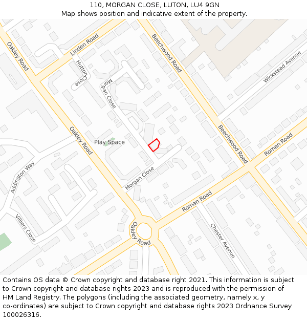 110, MORGAN CLOSE, LUTON, LU4 9GN: Location map and indicative extent of plot