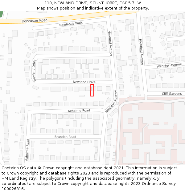 110, NEWLAND DRIVE, SCUNTHORPE, DN15 7HW: Location map and indicative extent of plot