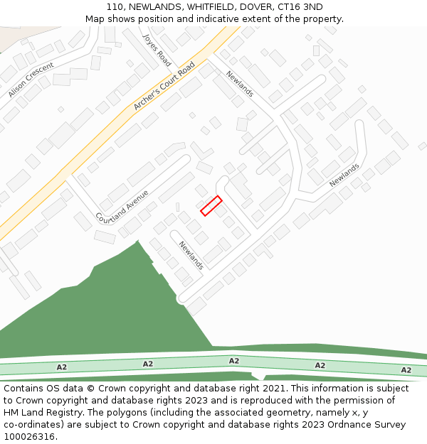 110, NEWLANDS, WHITFIELD, DOVER, CT16 3ND: Location map and indicative extent of plot