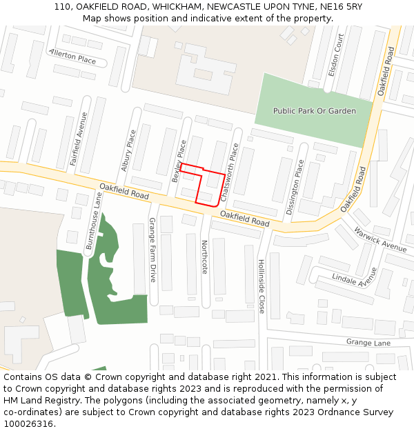 110, OAKFIELD ROAD, WHICKHAM, NEWCASTLE UPON TYNE, NE16 5RY: Location map and indicative extent of plot