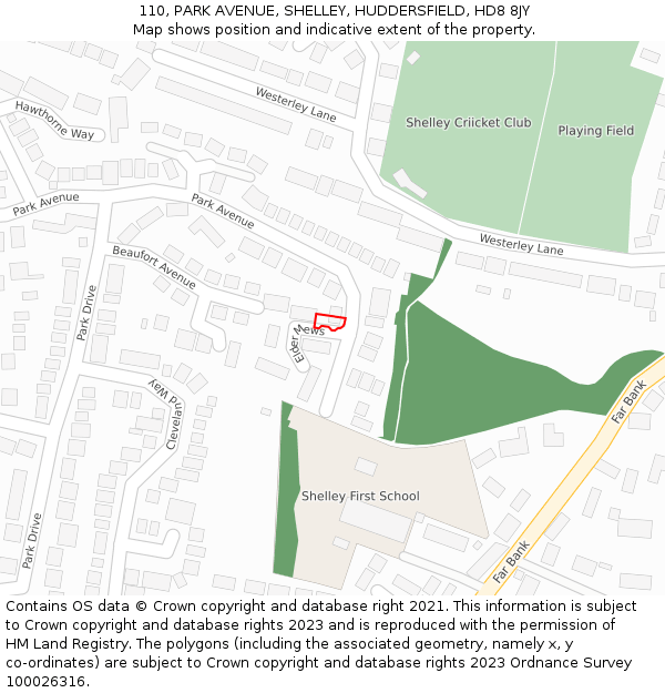 110, PARK AVENUE, SHELLEY, HUDDERSFIELD, HD8 8JY: Location map and indicative extent of plot