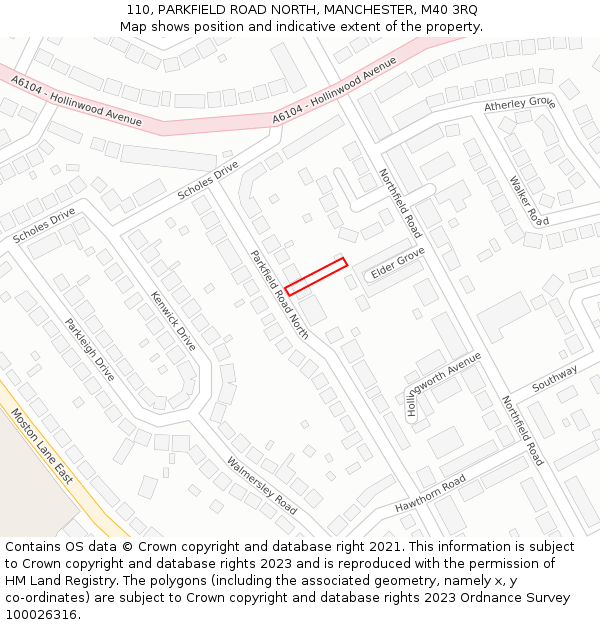 110, PARKFIELD ROAD NORTH, MANCHESTER, M40 3RQ: Location map and indicative extent of plot