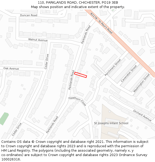 110, PARKLANDS ROAD, CHICHESTER, PO19 3EB: Location map and indicative extent of plot