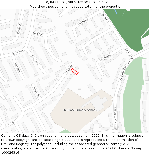 110, PARKSIDE, SPENNYMOOR, DL16 6RX: Location map and indicative extent of plot