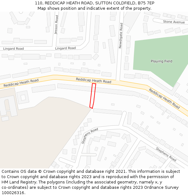 110, REDDICAP HEATH ROAD, SUTTON COLDFIELD, B75 7EP: Location map and indicative extent of plot