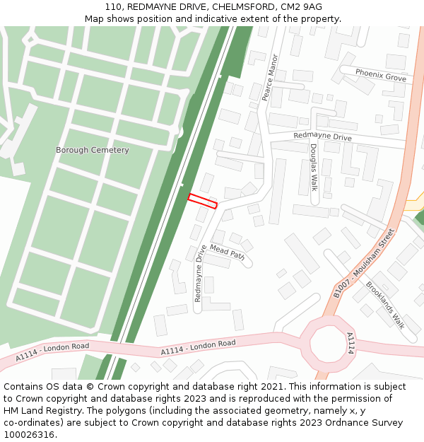 110, REDMAYNE DRIVE, CHELMSFORD, CM2 9AG: Location map and indicative extent of plot