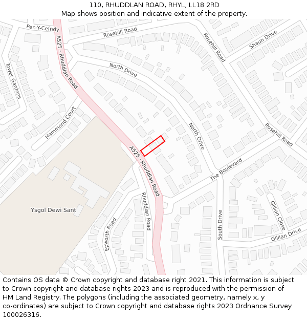 110, RHUDDLAN ROAD, RHYL, LL18 2RD: Location map and indicative extent of plot