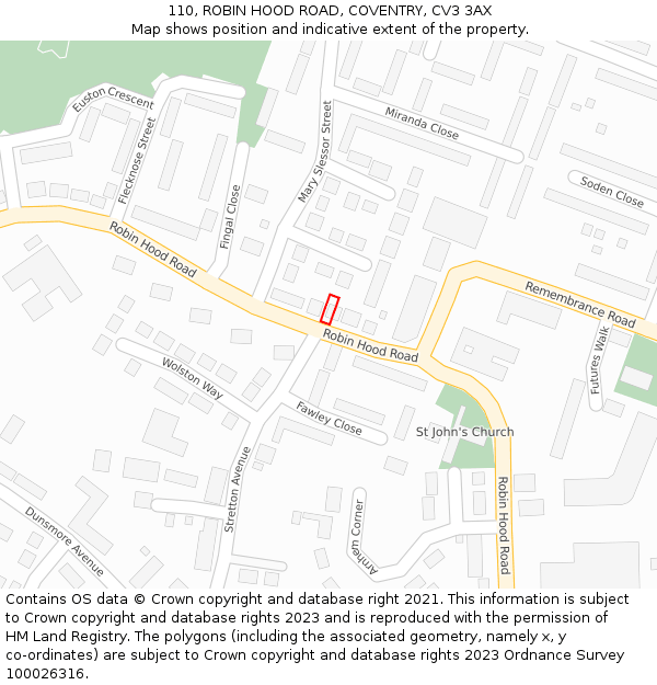 110, ROBIN HOOD ROAD, COVENTRY, CV3 3AX: Location map and indicative extent of plot