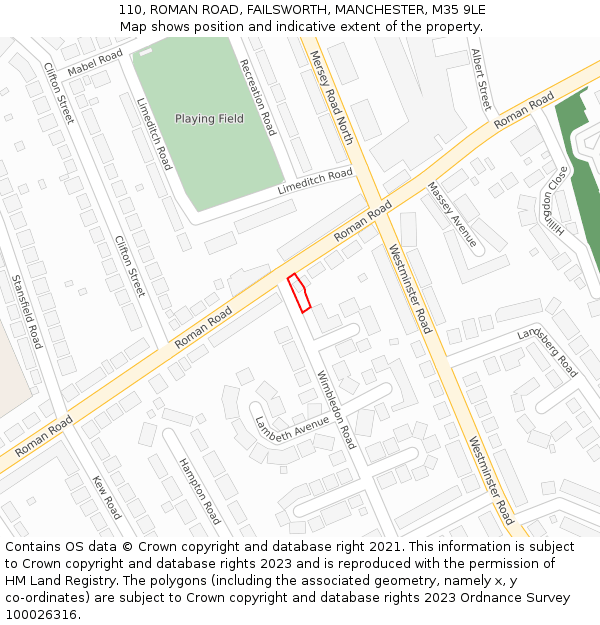 110, ROMAN ROAD, FAILSWORTH, MANCHESTER, M35 9LE: Location map and indicative extent of plot