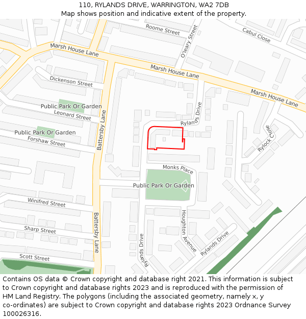 110, RYLANDS DRIVE, WARRINGTON, WA2 7DB: Location map and indicative extent of plot