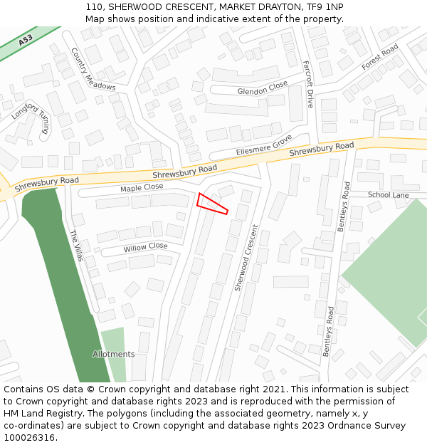 110, SHERWOOD CRESCENT, MARKET DRAYTON, TF9 1NP: Location map and indicative extent of plot