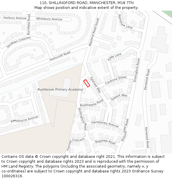 110, SHILLINGFORD ROAD, MANCHESTER, M18 7TN: Location map and indicative extent of plot