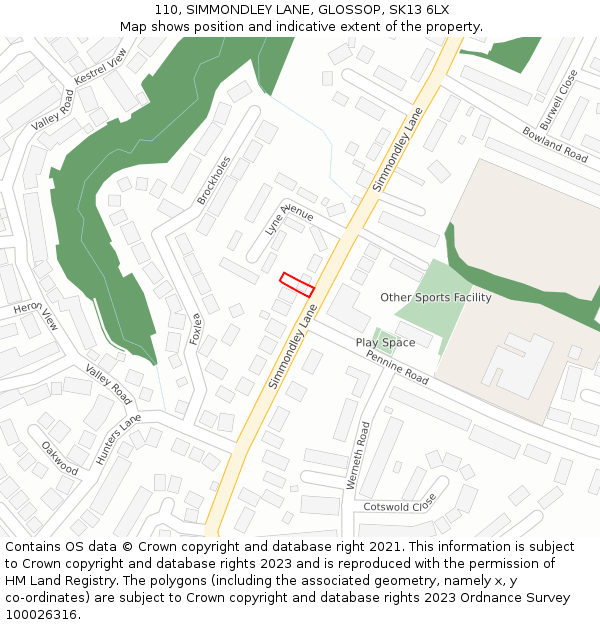 110, SIMMONDLEY LANE, GLOSSOP, SK13 6LX: Location map and indicative extent of plot