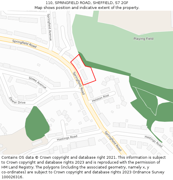 110, SPRINGFIELD ROAD, SHEFFIELD, S7 2GF: Location map and indicative extent of plot