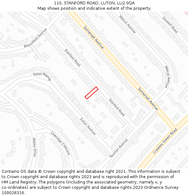 110, STANFORD ROAD, LUTON, LU2 0QA: Location map and indicative extent of plot