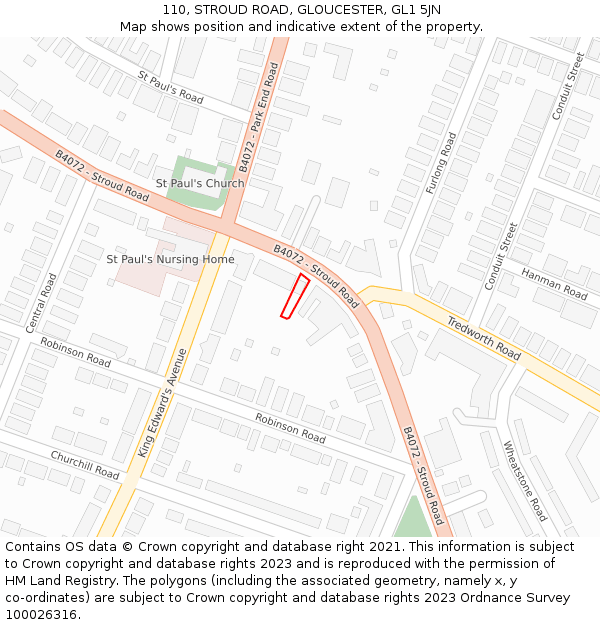 110, STROUD ROAD, GLOUCESTER, GL1 5JN: Location map and indicative extent of plot