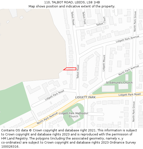 110, TALBOT ROAD, LEEDS, LS8 1HB: Location map and indicative extent of plot