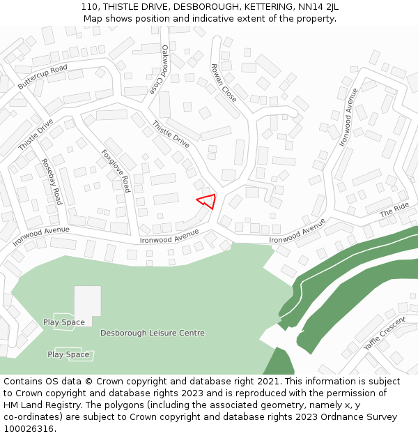 110, THISTLE DRIVE, DESBOROUGH, KETTERING, NN14 2JL: Location map and indicative extent of plot