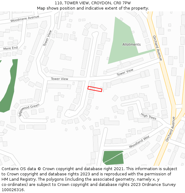110, TOWER VIEW, CROYDON, CR0 7PW: Location map and indicative extent of plot