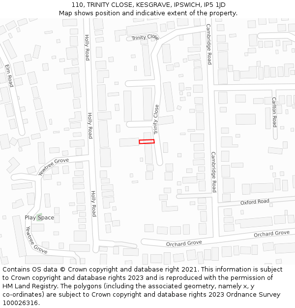 110, TRINITY CLOSE, KESGRAVE, IPSWICH, IP5 1JD: Location map and indicative extent of plot