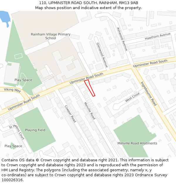 110, UPMINSTER ROAD SOUTH, RAINHAM, RM13 9AB: Location map and indicative extent of plot