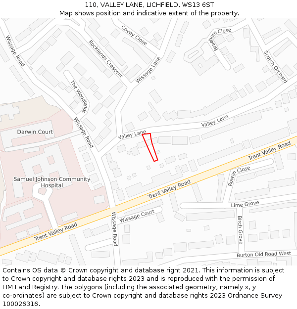 110, VALLEY LANE, LICHFIELD, WS13 6ST: Location map and indicative extent of plot