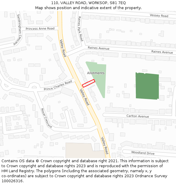 110, VALLEY ROAD, WORKSOP, S81 7EQ: Location map and indicative extent of plot