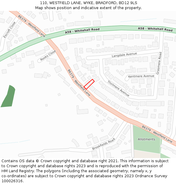 110, WESTFIELD LANE, WYKE, BRADFORD, BD12 9LS: Location map and indicative extent of plot