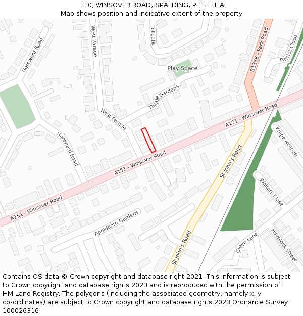 110, WINSOVER ROAD, SPALDING, PE11 1HA: Location map and indicative extent of plot